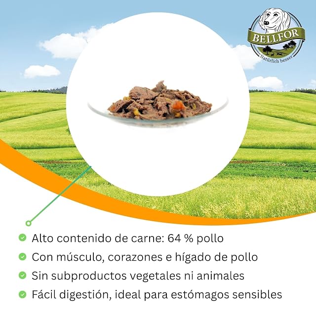 Foto 3 de 7 de Bellfor Freiland-Menü - Comida húmeda para Perros sin Cereales con Pollo - 64% de Carne - Sin azúcar añadido