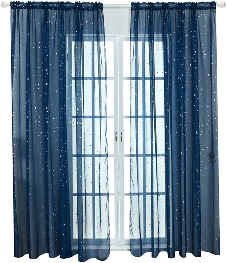 Momangel Modern Shiny Star Transparent Tulle Voile Curtain Sheer Divider Valance Panels Curtain for Bedroom,Living Room,Kids Room Navy Blue 100cm x 270cm