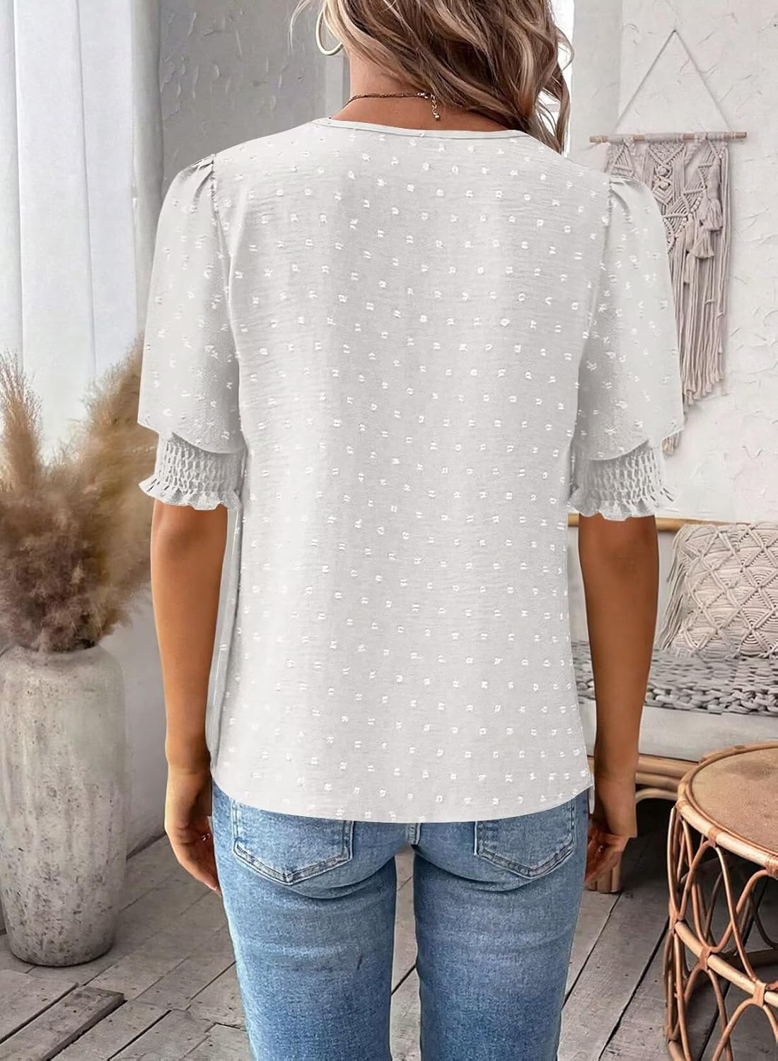 Womens Summer Tops Boho Short Sleeve Shirts V Neck Casual Chiffon Blouses Flowy Lace Hem Spring Clothing Trendy 2025 - Image 5
