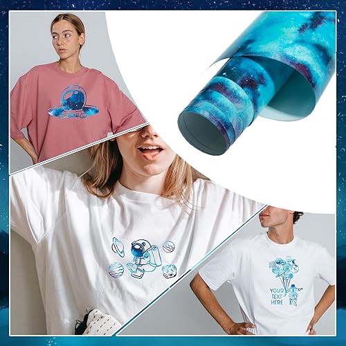 Miniatura 4 de Tintnut Rollo de vinilo de transferencia de calor de galaxia que brilla en la oscuridad, 12 pulgadas x 5 pies, color azul cielo, cielo estrellado,