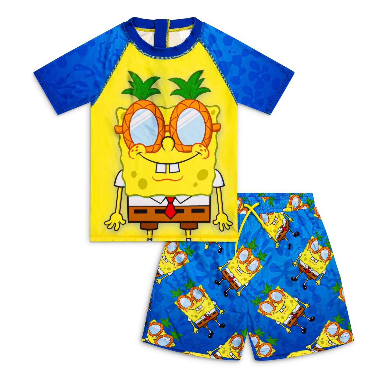 SPONGEBOB SQUAREPANTS Conjunto de natación para niños, chaleco de erupción de 2 piezas y pantalones cortos, traje de baño para niños con cremallera trasera, ropa de playa para vacaciones, edades de 4