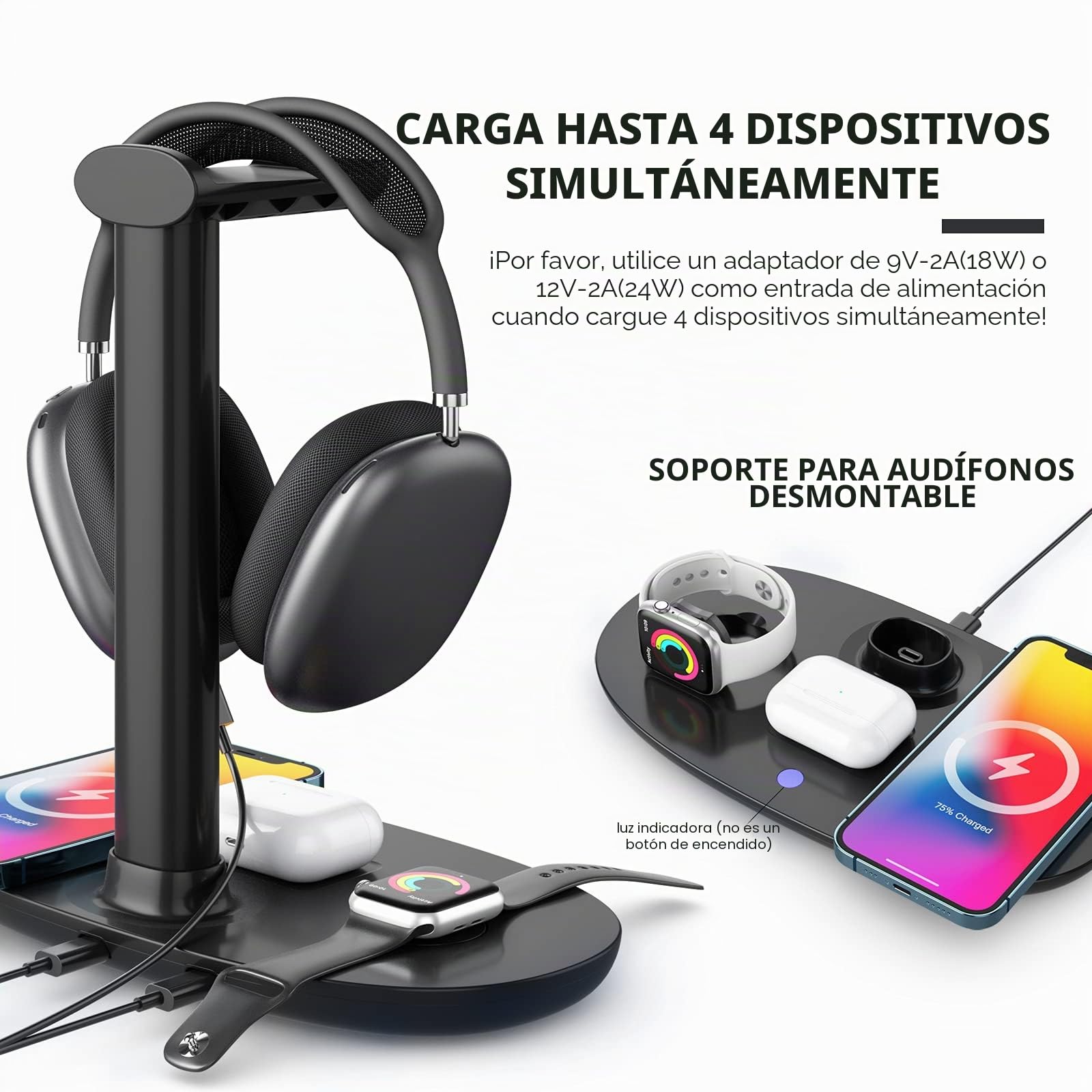 Soporte para auriculares con cargador inalámbrico de 15 W, estación de carga 4 en 1 para AirPods Max/Pro/4/3/2 iWatch 10/9/8/7/6/5/4/3/2/1/SE iPhone 16/15/14/13/12/11/X para juegos de mesa