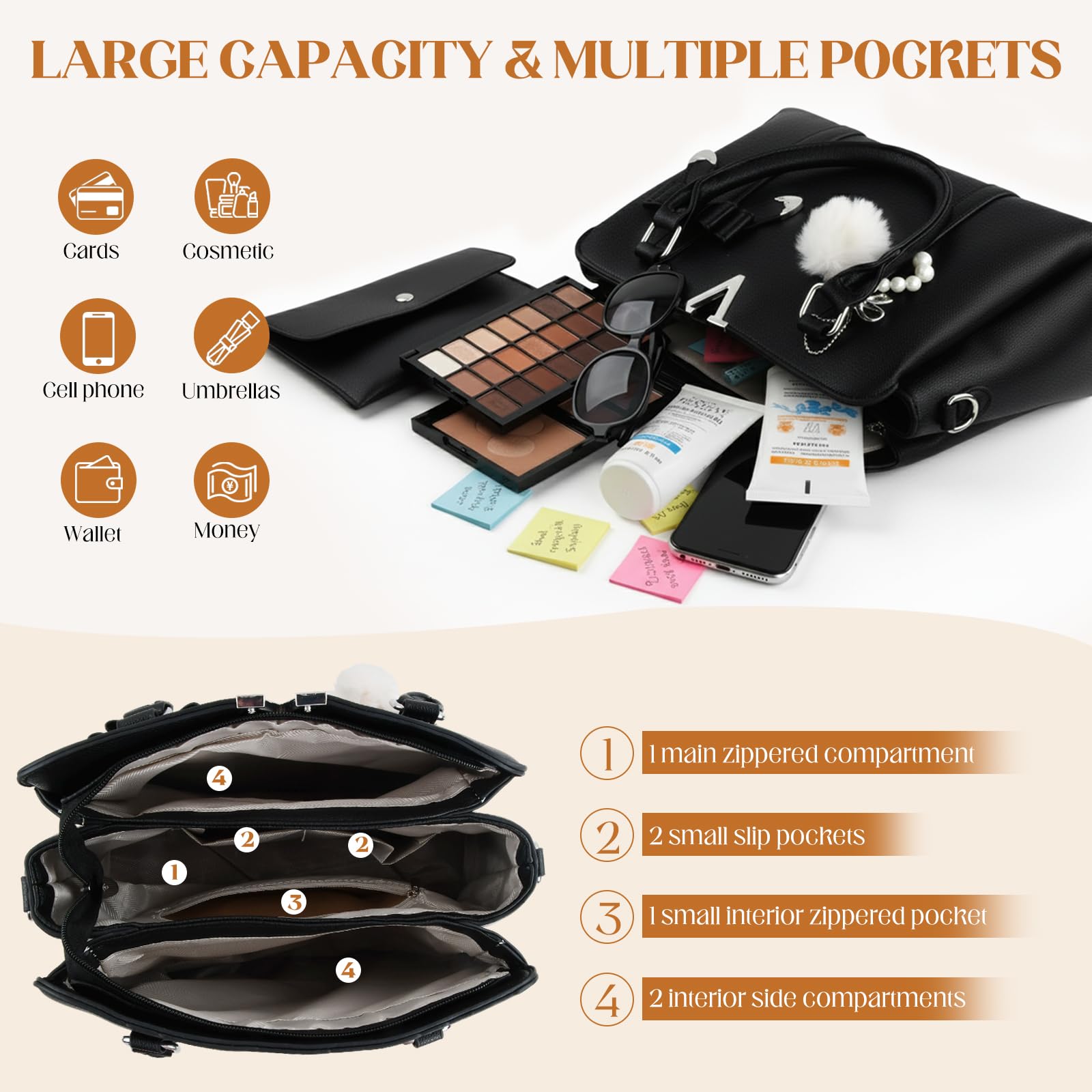 Sac à Main Femme,Sac a main noir,Sacs à Main Portés Main,Cuir PU,Cabas Femme Grand,avec portefeuille,Sac Fourre Tout,Multi Poche Plusieurs Compartiments,Pour Université Travail