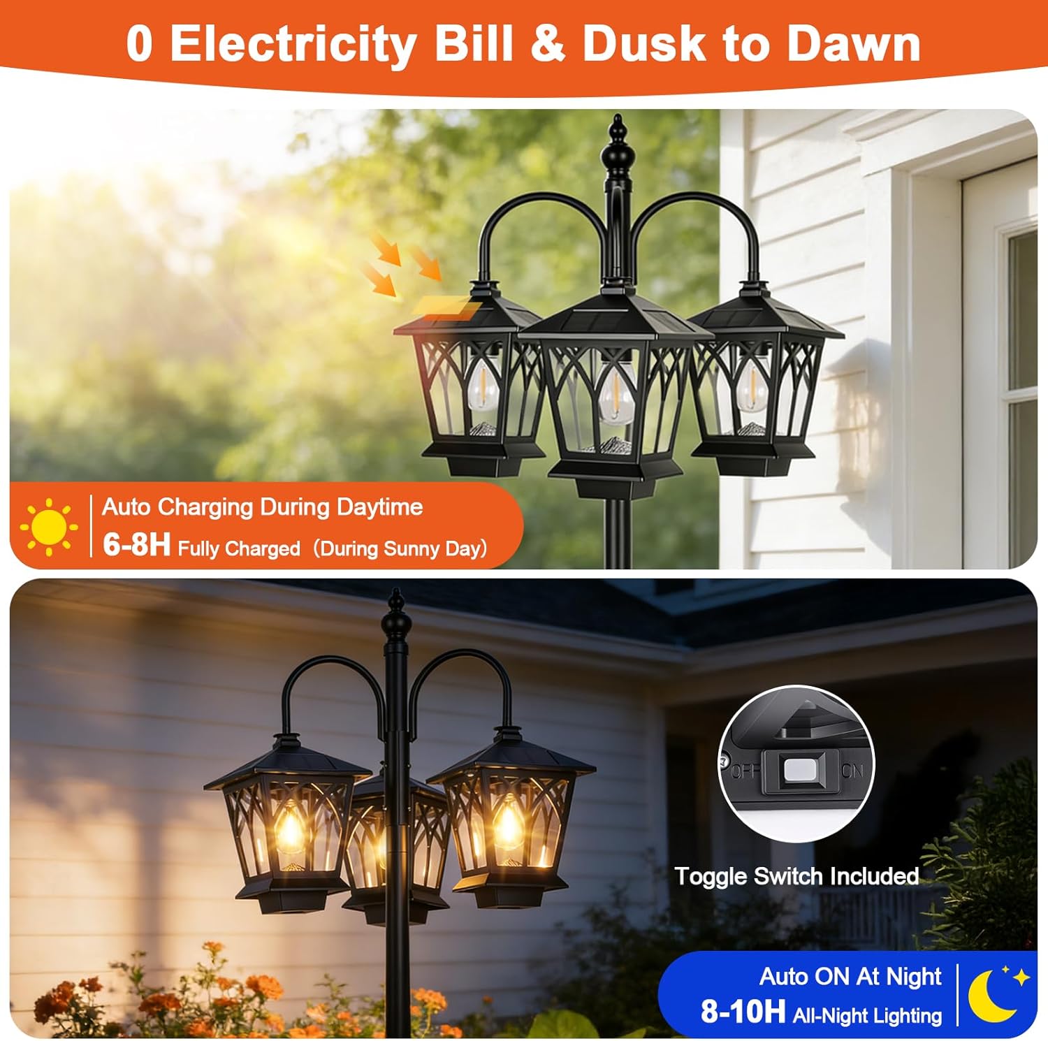 TOWPONICS 6FT Aluminum Solar Lamp Post Light Outdoor Waterproof, 3-Head Solar Powered Lamp Post, 90Lm 3 Edison Bulbs Included, Dusk to Dawn Outdoor Lamp for Patio, Yard, Garden, Driveway