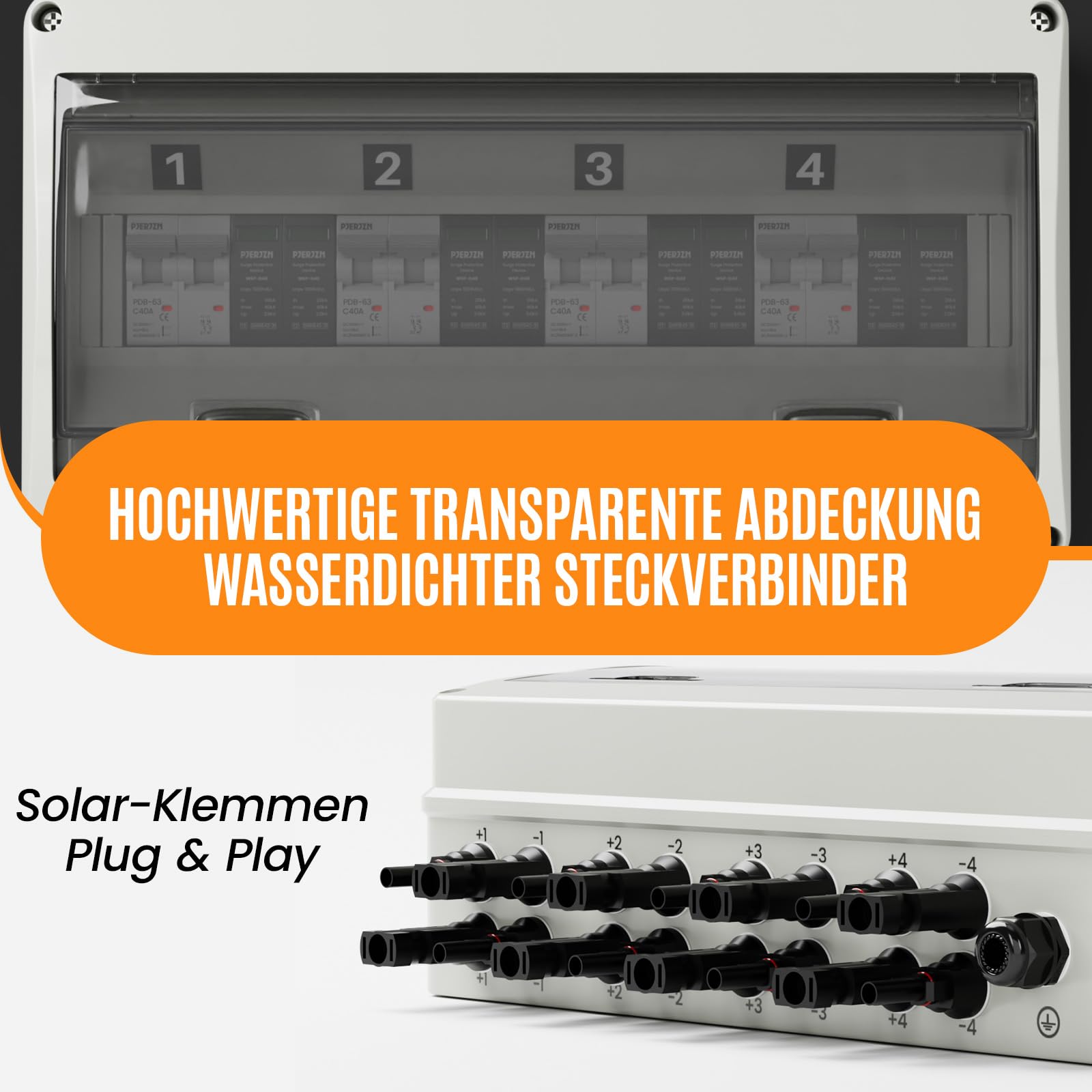Überspannungsschutz PV DC1000V 4 String Solar Anschlusskasten, DC Trennschalter mit Blitzschutz & Leitungsschutzschalter 40A, IP65 Wasserdicht UV-Beständiger PV Combiner Box（4 in 4 out）