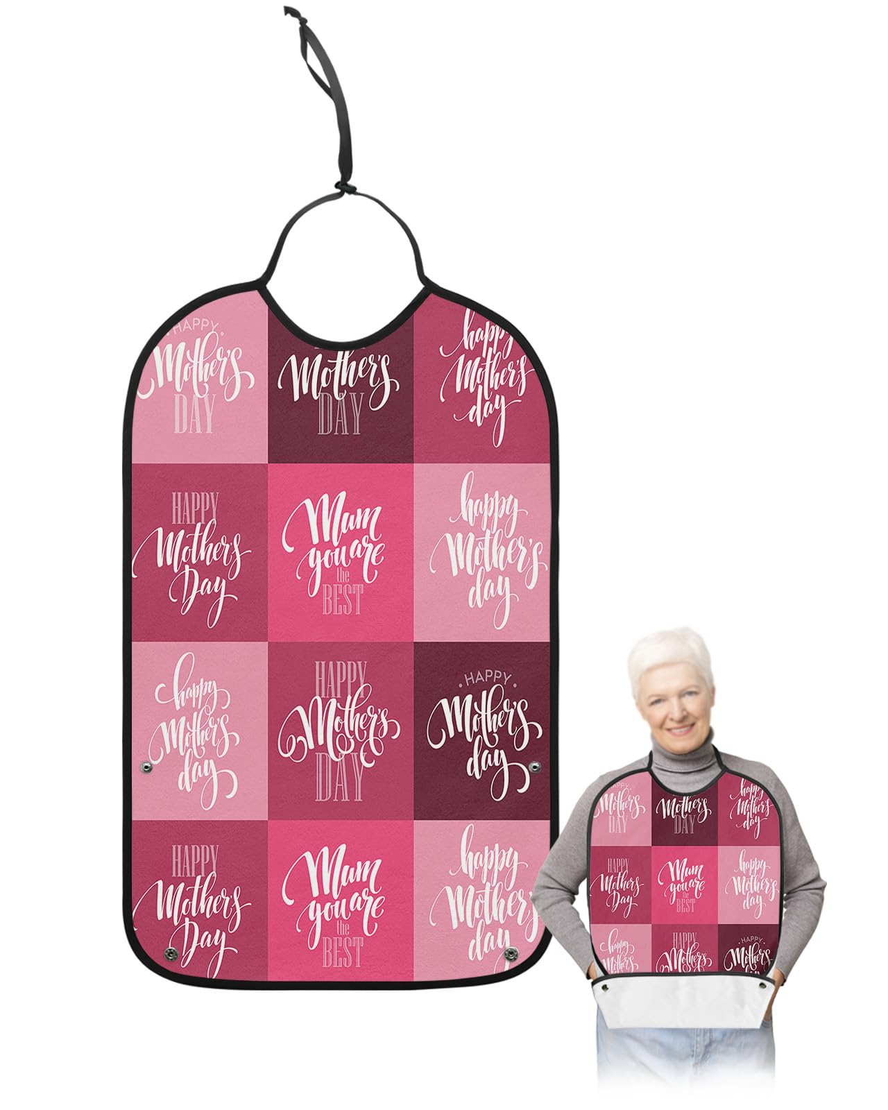 Mother's Day Adult Bib for Eating with Crumb Catcher,Washable & Waterproof Terry Cloth Adjustable Elderly Women Men Adult Bibs Funny Apron Clothing Protector Ombre Pink Lattices Happy Mother's Day