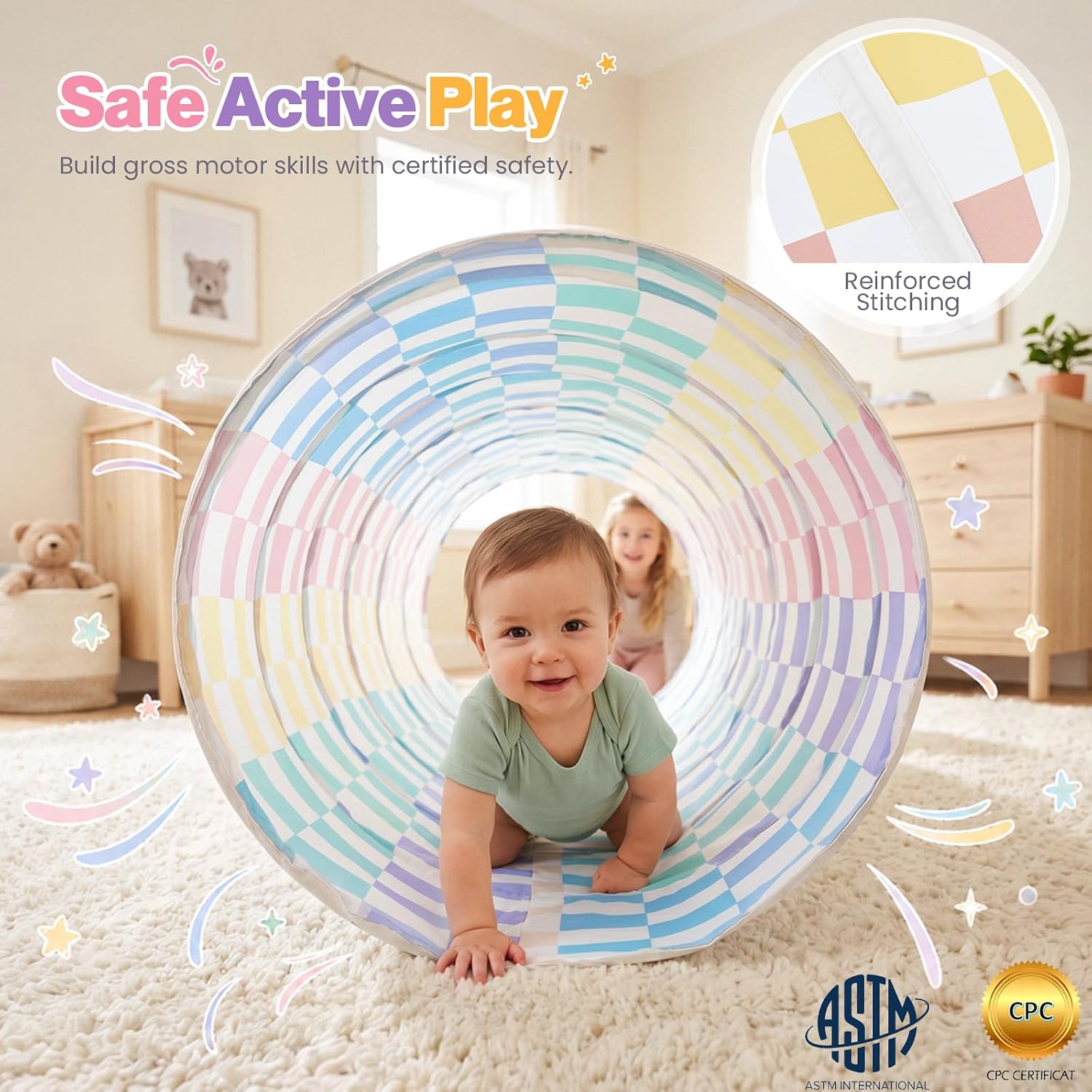 Kids Play Tunnel Tent for Toddler: 6-ft Peach-Skin Pop Up Crawl Tunnel Toy for Baby Infant Children - Collapsible Gift for Boy Girl Play Tunnel Indoor Outdoor Game (Colorful Checkered Tunnel) image 3