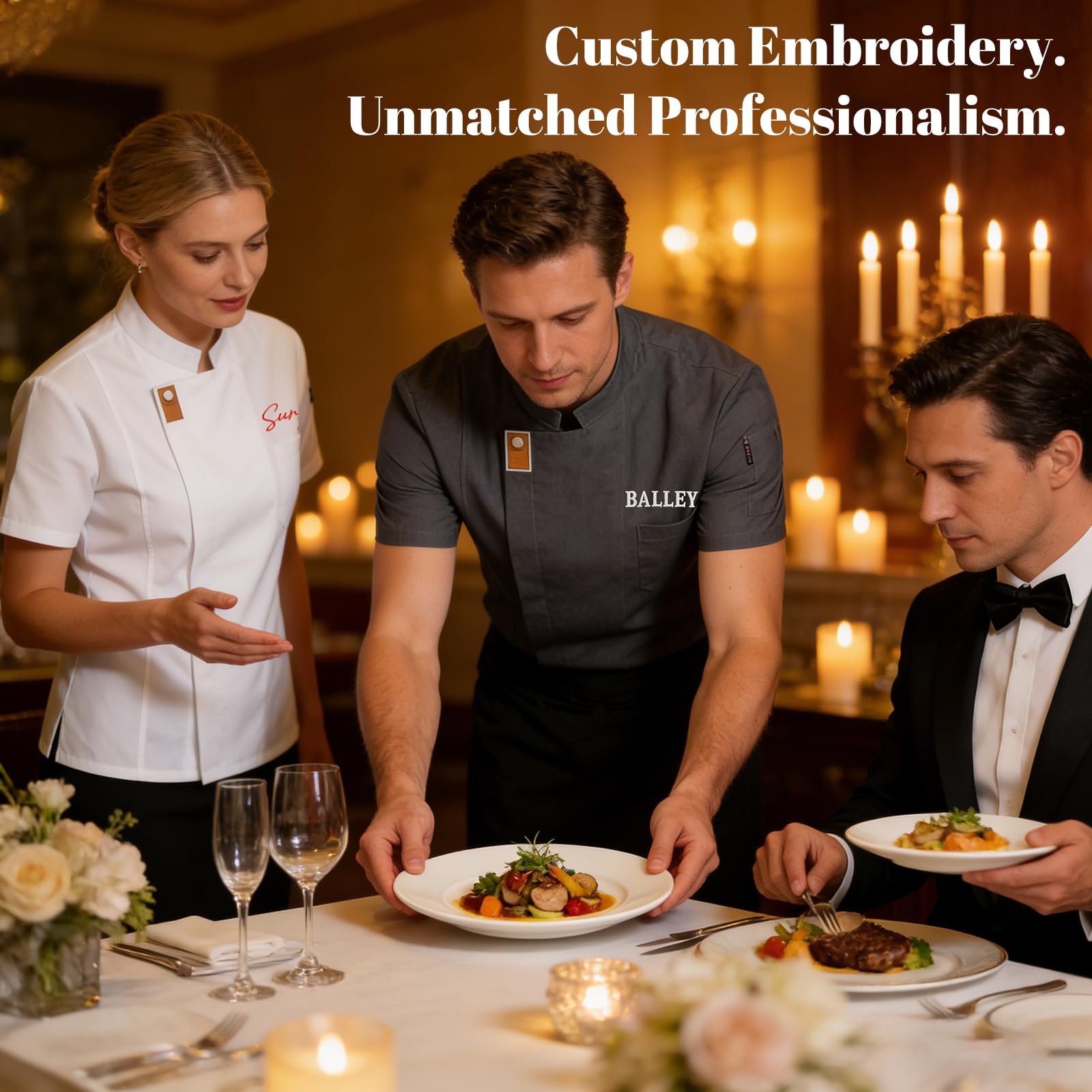 Veste Cuisine Personnalisée Homme Femme avec Broderie Prénom, Blouse de Cuisine Manches Courtes, Uniforme Chef Respirant