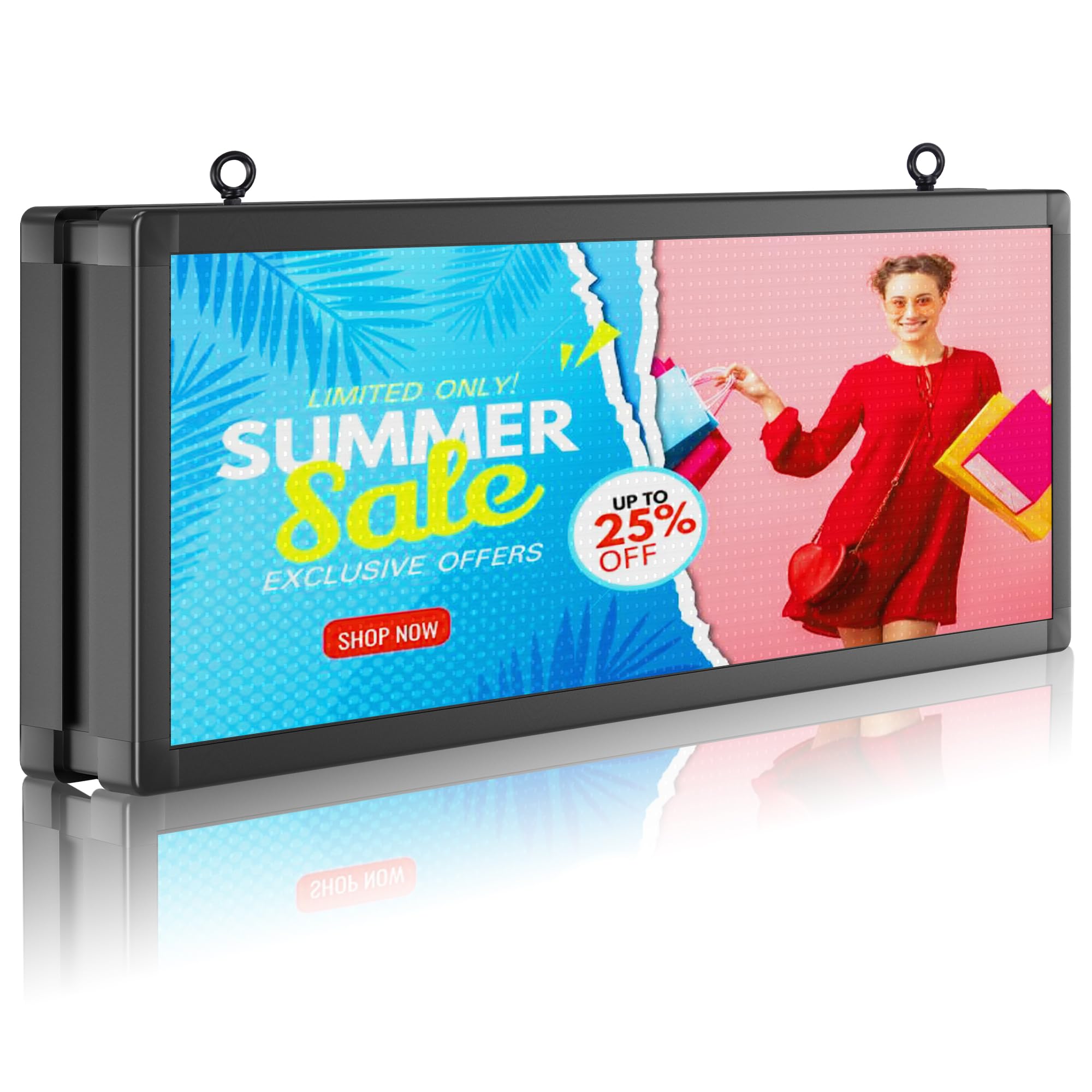 Pantalla LED P10 a todo color al aire libre, doble cara, programable, 39 x 14 pulgadas con control de aplicación WiFi, tablero publicitario impermeable IP65 de alto brillo para ventana