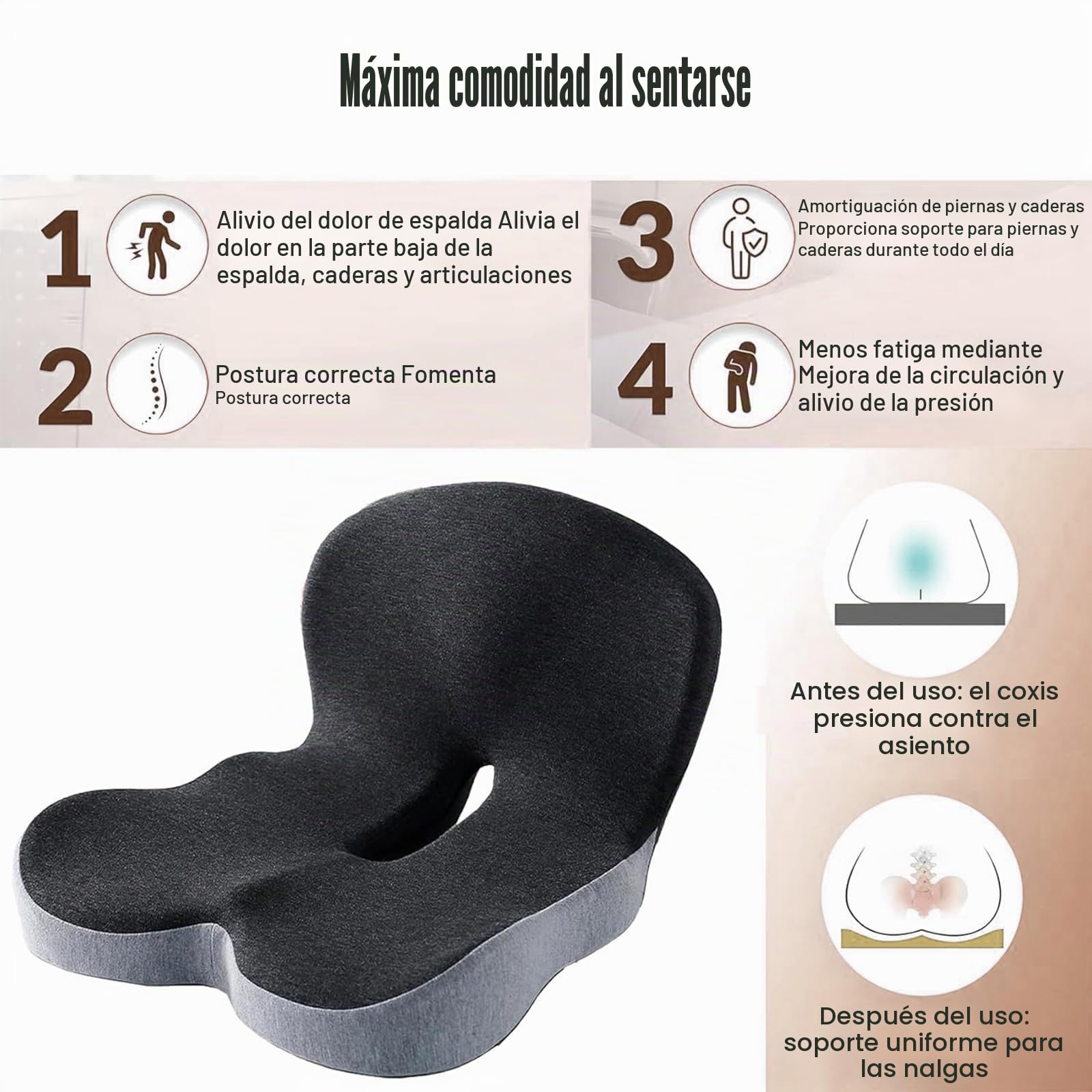 Cojín Ergonómico con Respaldo, Cojín de Asiento para Silla de Oficina & Coche, Cojín de Asiento con Soporte Lateral para Aliviar Dolor de Espalda