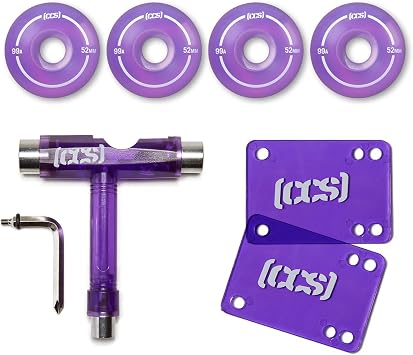[CCS] Clear Skateboard Wheels Bundle | Professional Grade | Polyurethane | Size 52mm | 99A Durometer | 1/8" Riser Pads & Skate Tool Included Purple