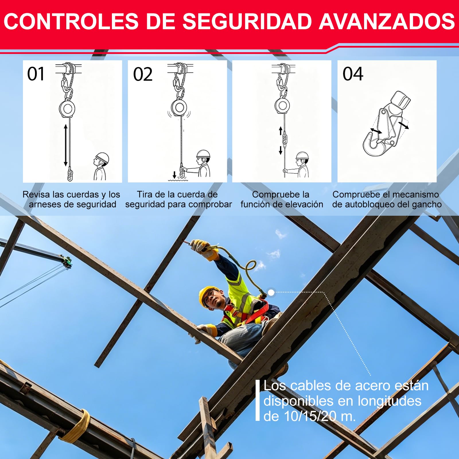 Dispositivo Anticaídas Retráctil, Línea de Vida Tejado con Bloqueo | Cable Acero y Arnés Seguridad Trabajo Altura, Retráctil Anticaída para Tejados Construcción, Sistema Doble Bloqueo, Rojo
