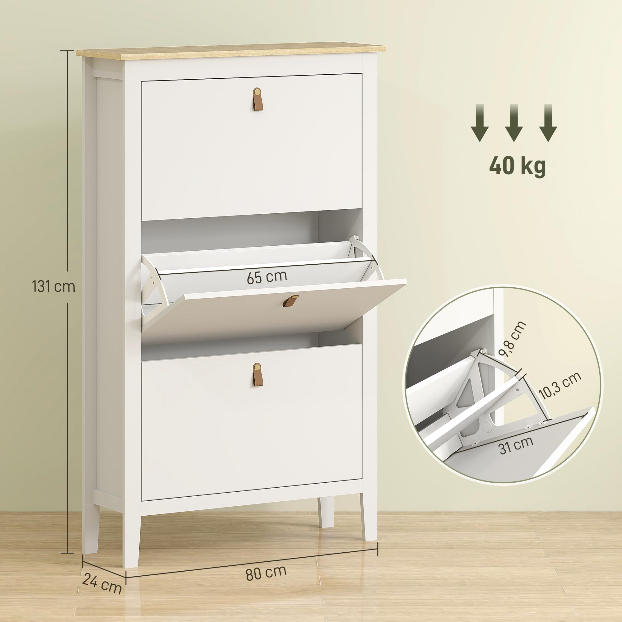 HOMCOM Zapatero Estrecho 4 Puertas, Zapatero Entrada Recibidor, Estantes Ajustables, Tiradores de PU, para 20 Pares de Zapatos, para Pasillo, Espacios Reducidos, 80x24x131 cm, Blanco