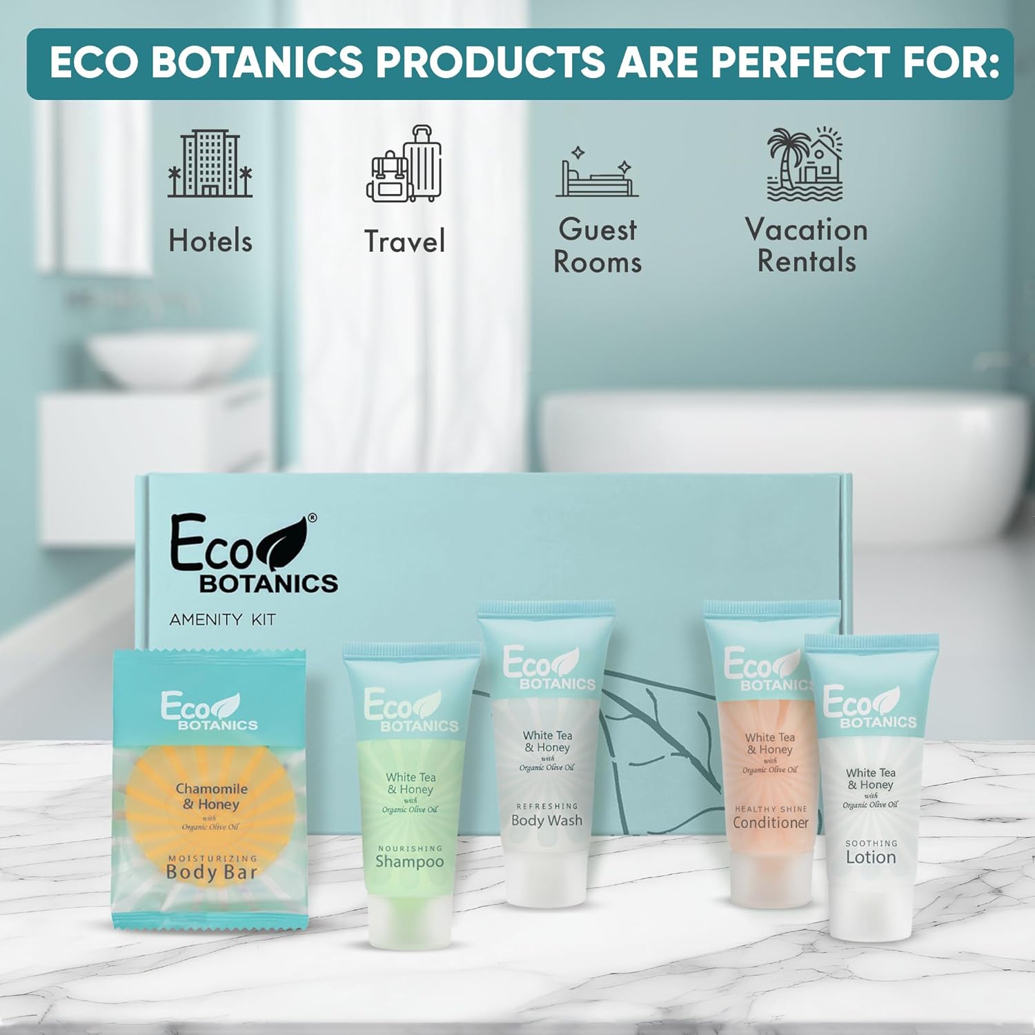 Eco Botanics Amenity Kit | Boxed Hotel Toiletries | Bulk Set .85 oz Travel Size Shampoo, Conditioner, Lotion, Body Wash & Body Bar Soap for Guest Hospitality AirBnB/Vacation Rentals | 15 sets per case - Image 2
