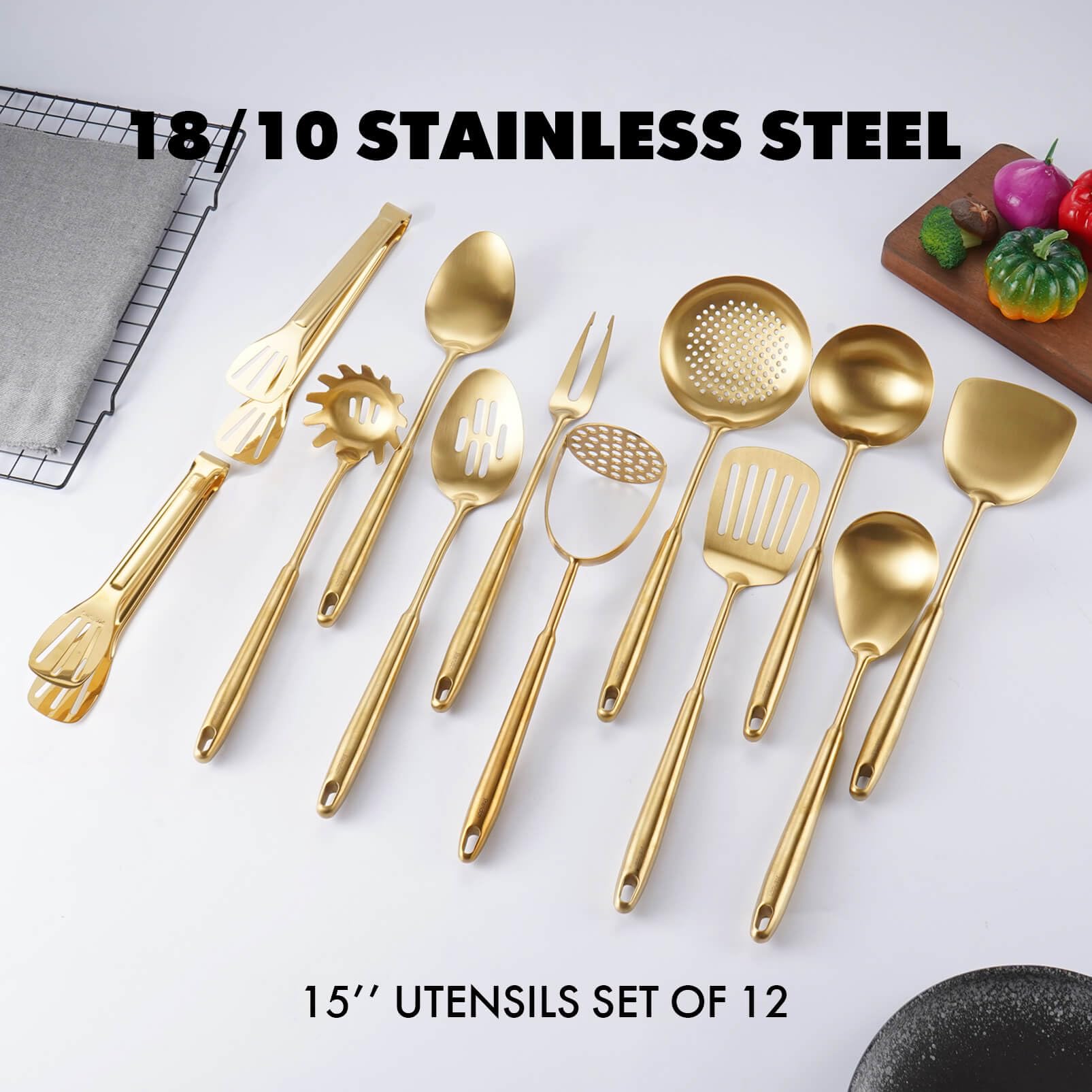 Goldfarbenes Küchenutensilien-Set, 12-teilig, Messing, matt, Servierutensilien, 18/10 Edelstahl, alle Metall-Kochwerkzeuge – Kartoffelstampfer, Zange, Fleischgabel, Spatel, Pfannenwender, Schöpflöffel