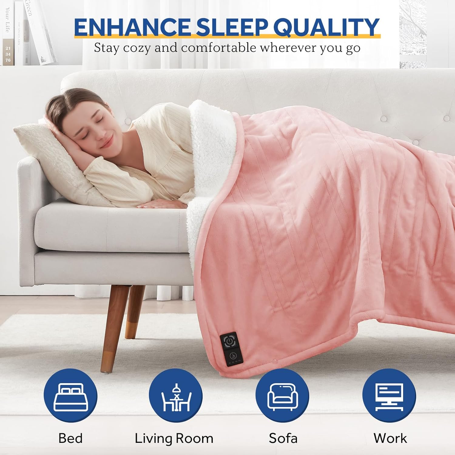Sealy Heated Blanket Throw with Built-in Button Controller, Reversible Flannel to Sherpa Electric Blanket with 2-10 Hours Auto-Off & 4 Heating Levels, Over-Heat Protection, 50x60 inch, Pink