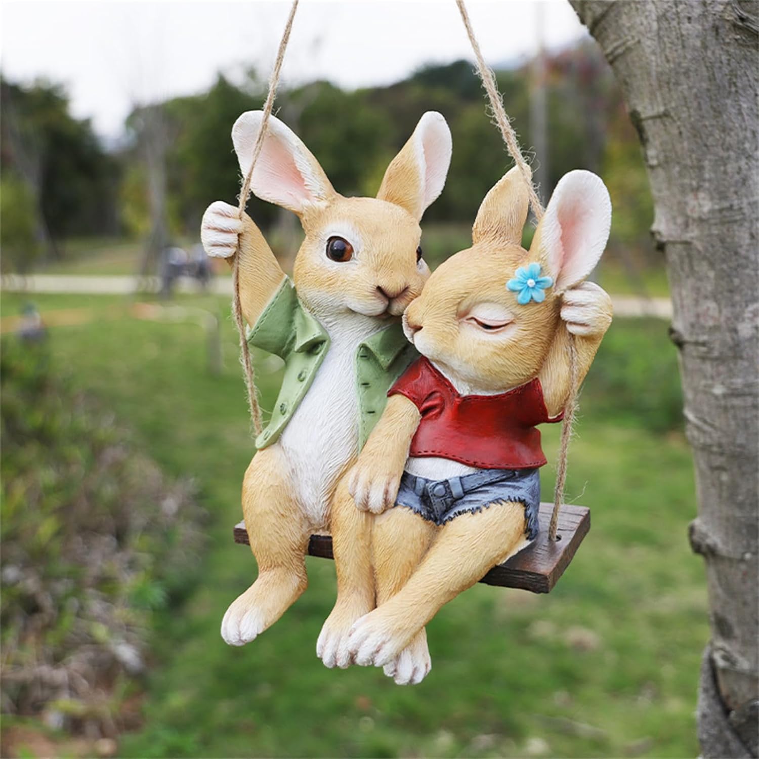 Lifelike Bunny Garden Statue,Funny Bunny Couple on Swing Figurines Statue,Outdoor Decorative Animals Figurine for Home Garden Yard Patio Lawn,Realistic Rabbit Sculpture Art