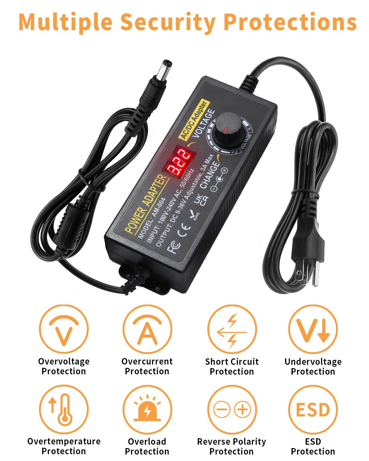 108W Universal Power Supply 9V 12V 14V 15V 16V 18V 19V 20V 24V 30V 36V Adjustable Variable AC/DC Adapter with Voltage Displays, 100V-240V AC to DC 9V~36V Converter 0.5A 1A 1.2A 1.5A 2A 2.5A 3A Max