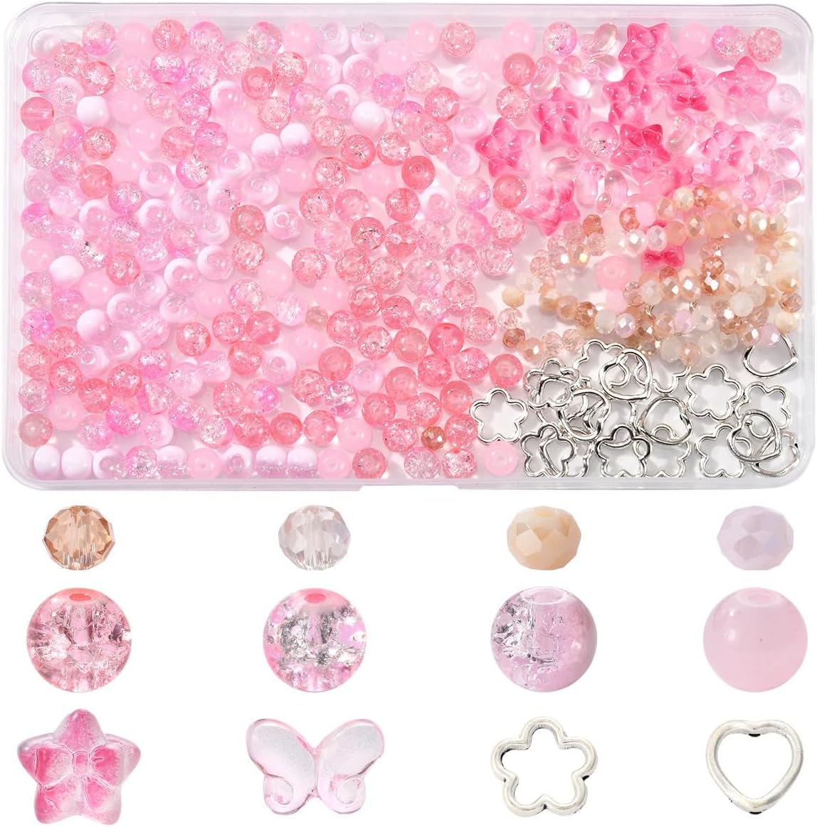 Eirynshelle DIY Beads Making Kits Includes Glass Beads and Alloy Findings, Mixed Shape Bead Sets for Handmade Necklace and Bracelet Projects (Pink)