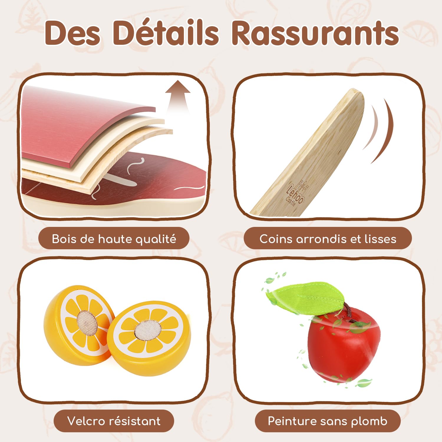 Lehoo Castle Accessoire Cuisine Enfant, Jouet de Cuisine en Bois, Accessoires Cuisine Enfant avec Panier en Tissu, Jouet Alimentaire, Jouet Montessori 3 4 5 6 7 Ans
