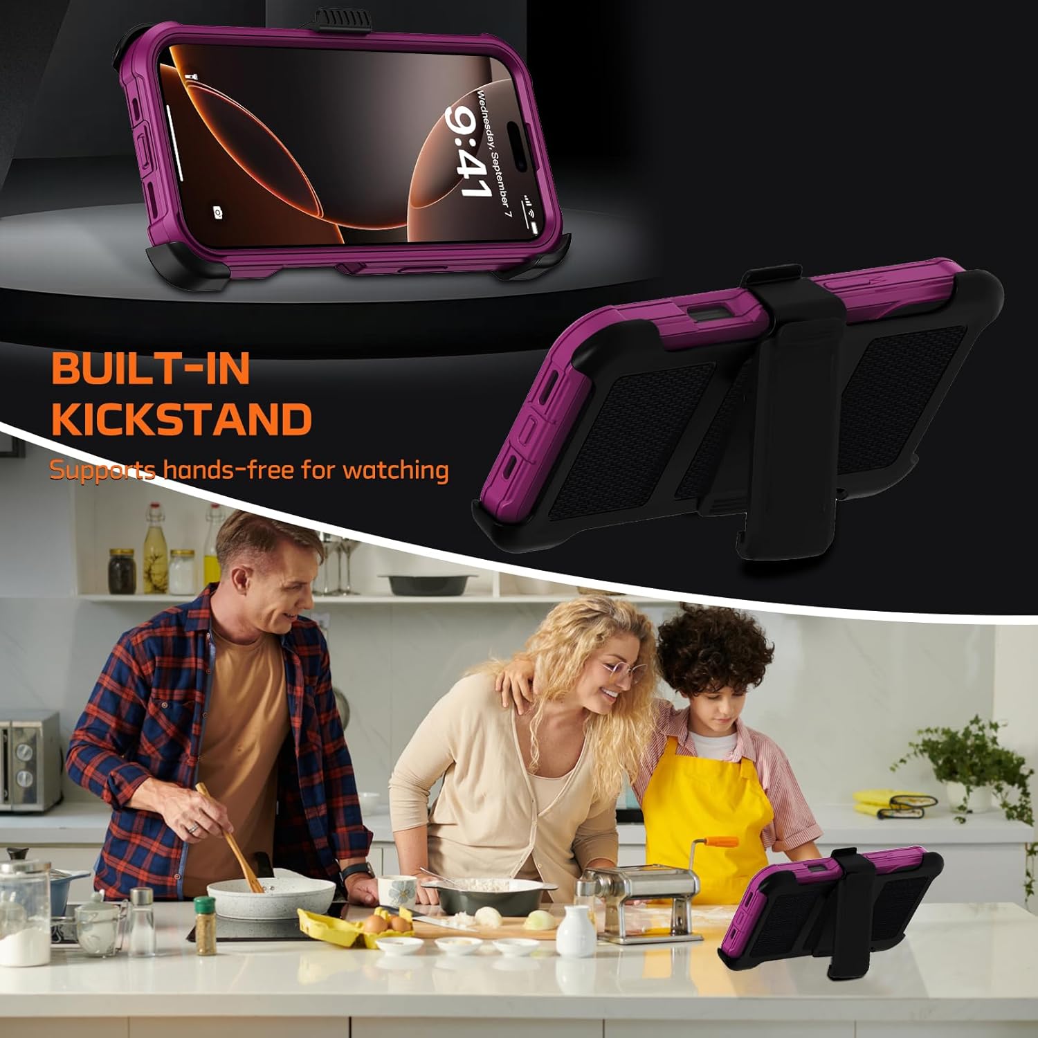 for iPhone 16 Pro Max Case with Belt Clip Holster,Anti-Drop Shockproof Bumper Phone Cases w/2x Screen Protectors & Kickstand,Rugged Heavy Duty Military Grade Protective Defender Cover (Burgundy) - Image 2