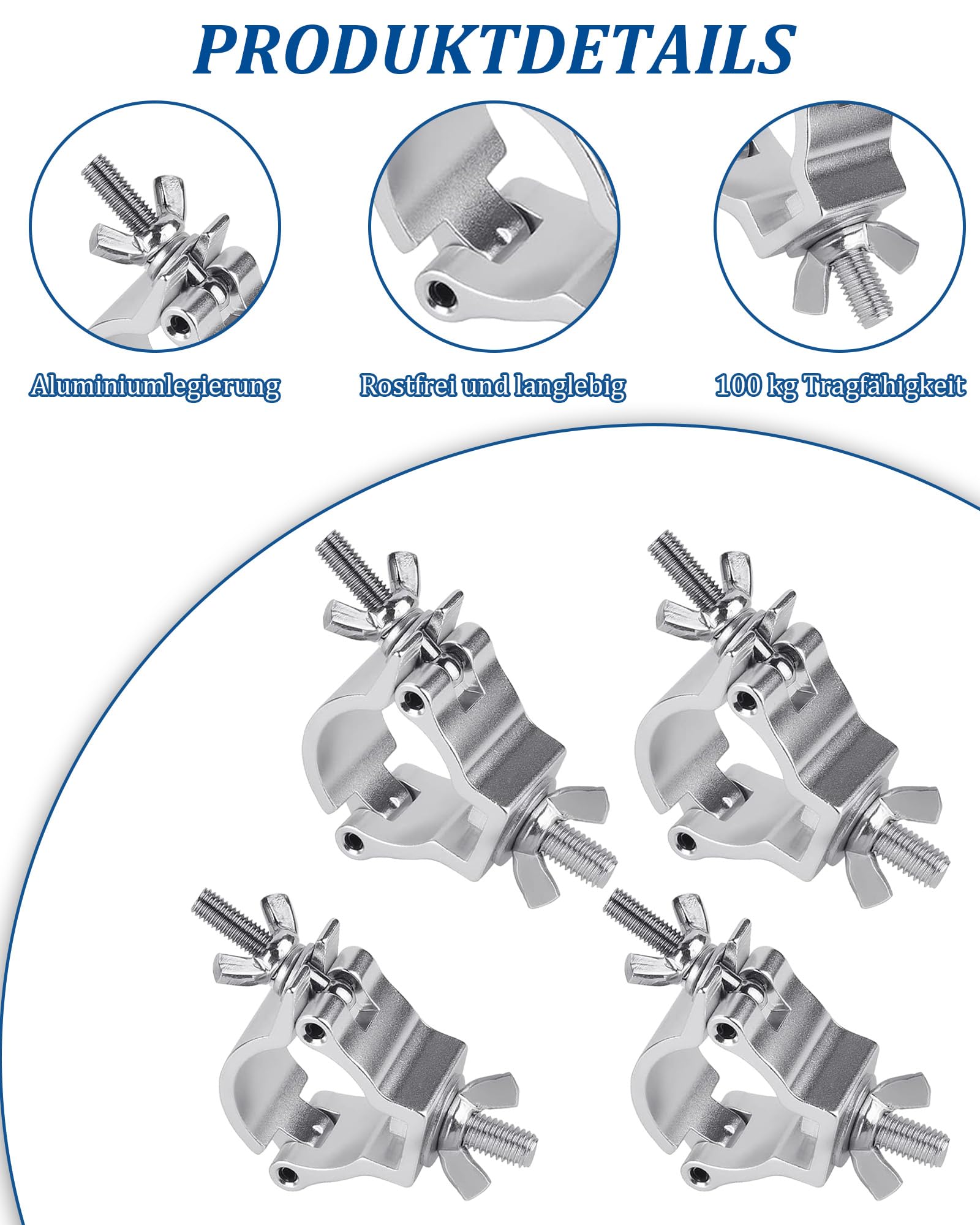 8 Stück Schnellschnalle Bühnenbeleuchtungsklemme: 48-51 mm Truss O Clamp Haken aus Aluminium für Bühnenbeleuchtung, 100KG Ladekapazität (Silber)
