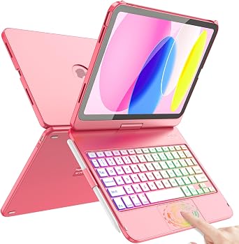 FUWANG Touch Keyboard Case for iPad A16 11th Generation 11 inch 2025&10th Generation 10.9" 2022, 360 Rotate Backlit for iPad 10th Generation Case with Keyboard with Multi-Touch Trackpad, Hot Pink