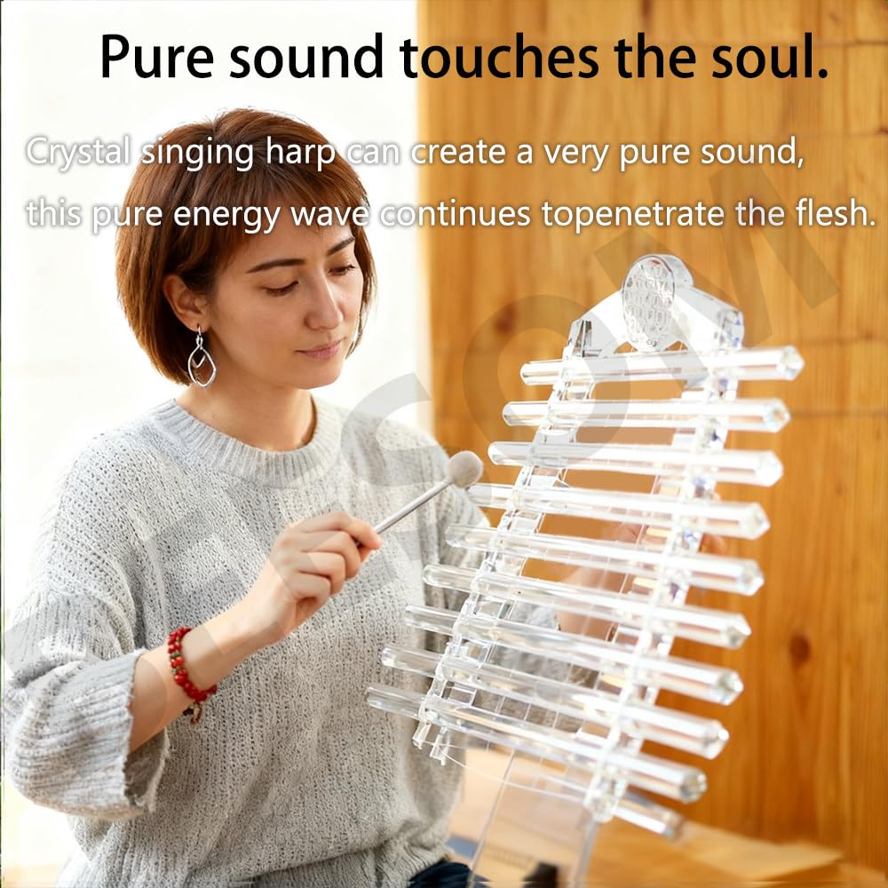 Harpe Chantante en Cristal Quartz 432 Hz,Bol Chantant en Cristal Quartz,Motif Fleur Vie,avec Support Et étui De Transport en Aluminium,pour Bain Sonore Et Méditation. Méditation 440hz