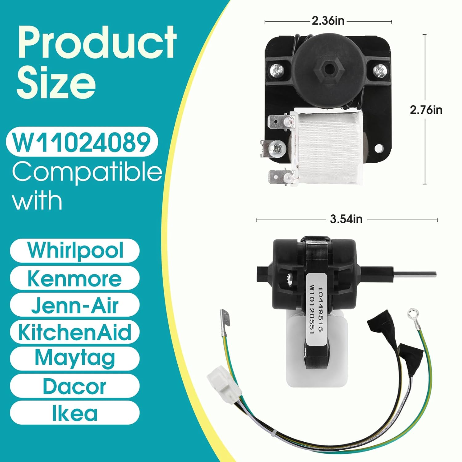 W11024089 Refrigerator Evaporator Fan Motor Compatible with JennAir Kenmore KitchenAid Maytag Whirlpool, Replaces 13062901 W10199049 W10904013 WP13062901 AP6039916 FDQR102M3L ORM-1037K1 etc