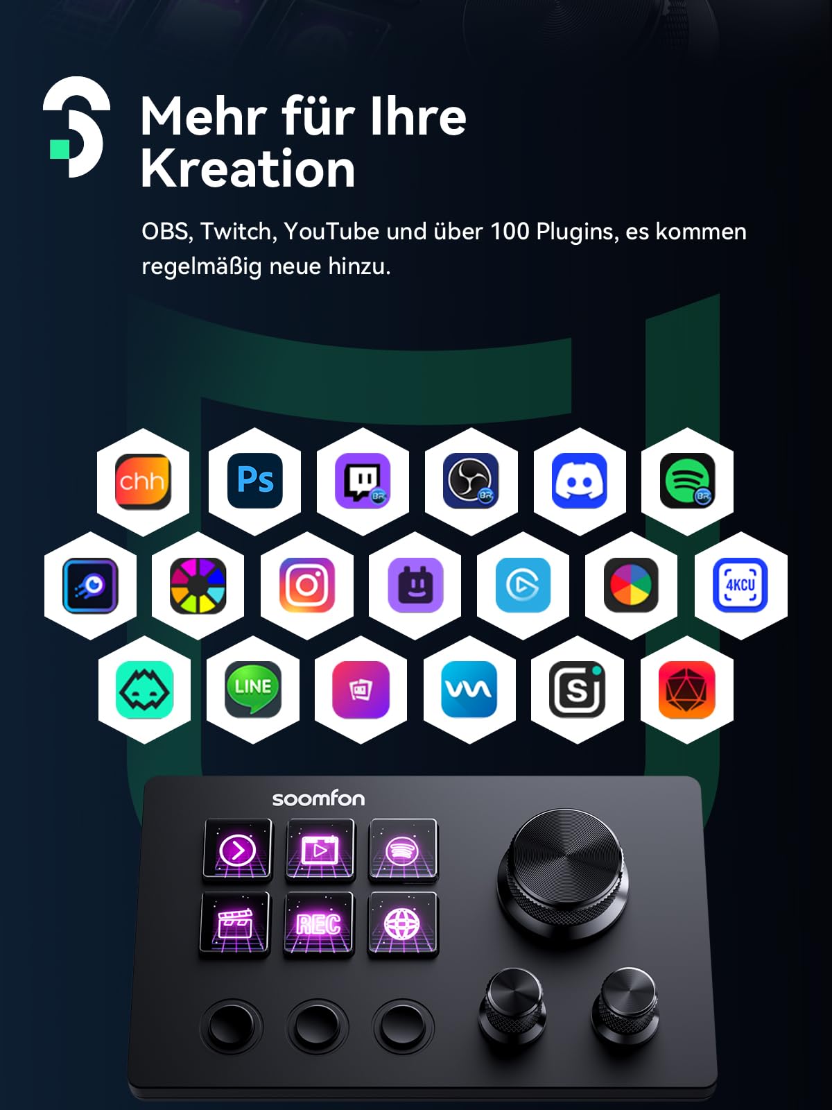 SOOMFON Stream Controller Deck SE Schwarz, 6 LCD Makrotasten & Drehknöpfe, auslösen von Aktion in Software wie OBS, Voicemod, Twitch, YouTube, für Streaming & Gaming, kompatibel mit Mac & Windos