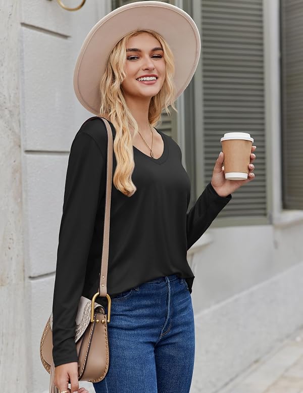 Zeagoo Long Sleeve Shirts for Women 2026 Summer Tops V Neck T-Shirt Black by Zeagoo - Used condition - Image 3