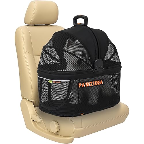 PAWZIDEA Portable Small Dog Crate for Car Travel up to 33lb, Enclosed Dog Car Seat Soft-Sided, Escape-Proof Reversible No-Zip Canopy, Foldable Pet Carrier Seatbelt for Small Medium Puppy & Cats Kennel