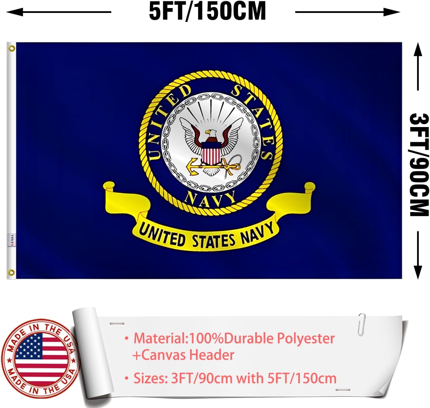 Navy Emblem Military Flag 3x5 Outdoor Made in USA - Double Sided Heavy Duty Vivid Color United States Navy Flags with 2 Brass Grommet - Image 2