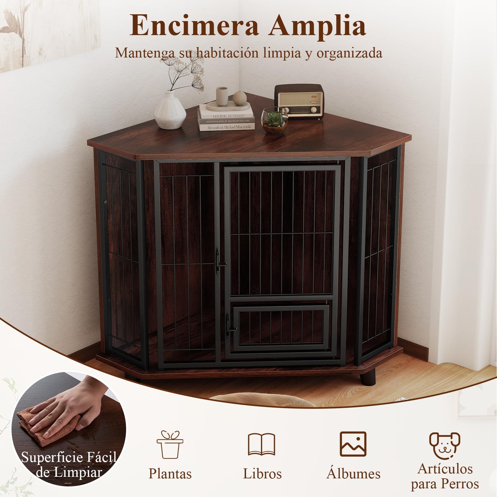 COSTWAY Mueble Esquinero para Perros, Muebles de Jaula Esquinera para Perros, Ahorra Espacio, Marco Metálico, Mesa Auxiliar Interior para Mascotas Pequeños Medianos Grandes, Soporta hasta 30 kg