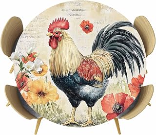 Rooster Chicken Round Fitted Tablecloth, Flowers Watercolor Vintage Farm Waterproof Oil Proof Tablecloths Fits 36"-44" Tables, Washable Table Cover for Kitchen Picnic Party