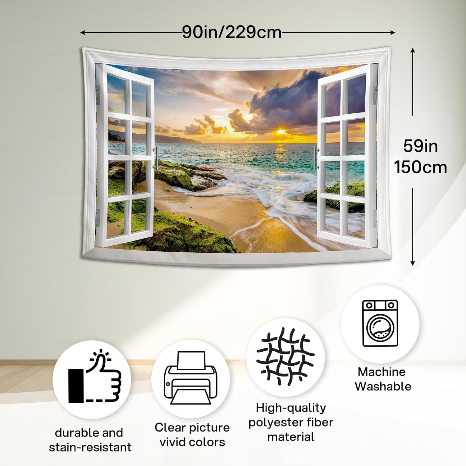 Window View Tapestry Beach Sunset Light & Shadow Blend | Creativity Aesthetic Natural Scenery Wall Hanging for Bedroom, Living Room & Dorm Decor | Premium Lightweight Polyester 90x59inch