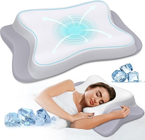 Almohada ergonómica de espuma viscoelástica para el cuello con funda de enfriamiento, soporte ortopédico ajustable para personas que duermen de