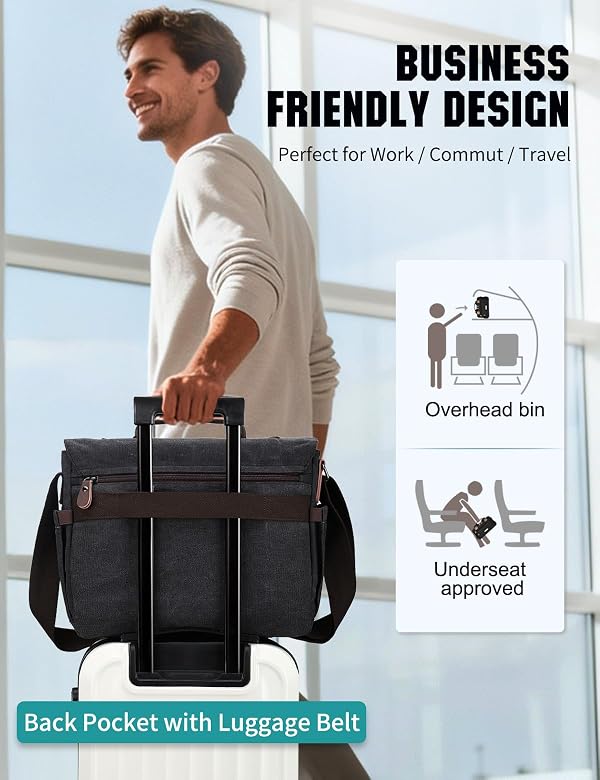 RAVUO Messenger Bag for Men, Water-Resistant Canvas Satchel Briefcase, Fits 15.6-Inch Laptop, Padded Strap, Large Capacity Bag for Work, Business, College, Black by RAVUO - Image 7