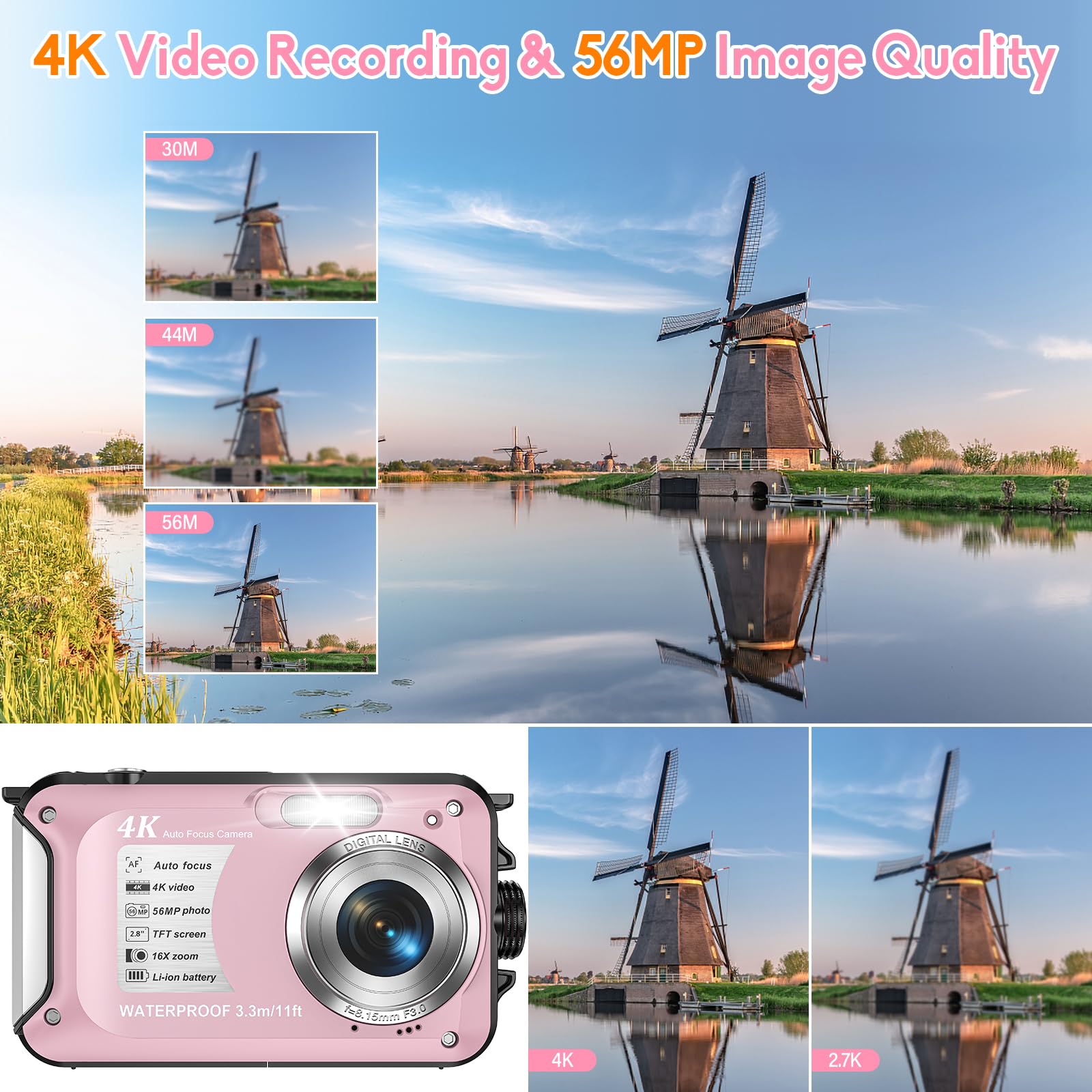 Appareil Photo Numérique Etanche Yixinxin 10FT étanche 4K vidéo 56MP Autofocus 16X Zoom Numérique pour la Plongée en Apnée avec Carte 32GB Rose Bonbon