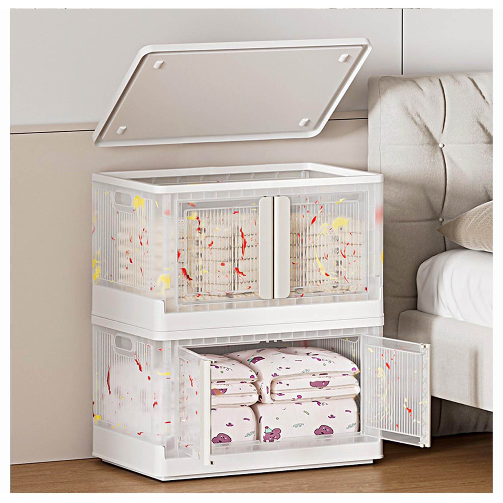 Cajas de plástico con tapas de almacenamiento, cajas de almacenamiento apilables de plástico con apertura frontal, contenedor de almacenamiento de plástico plegable con ruedas para ropa, refrigerio,
