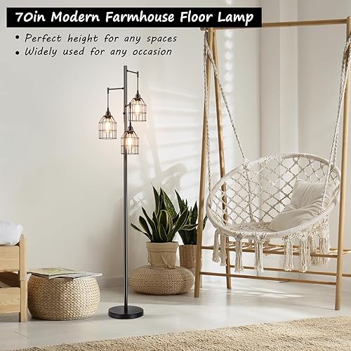 Miniatura 7 de Sucolite Lámpara de pie regulable de 69 pulgadas para sala de estar, lámpara de pie industrial de árbol de 3 luces, color negro con jaulas, lámpara