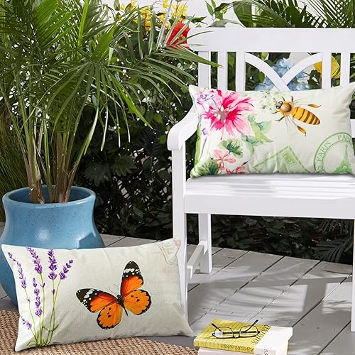 Miniatura 5 de Artscope Juego de 4 fundas de almohada impermeables de 12 x 20 pulgadas, fundas decorativas de primavera para exteriores, patio, jardín, sala de