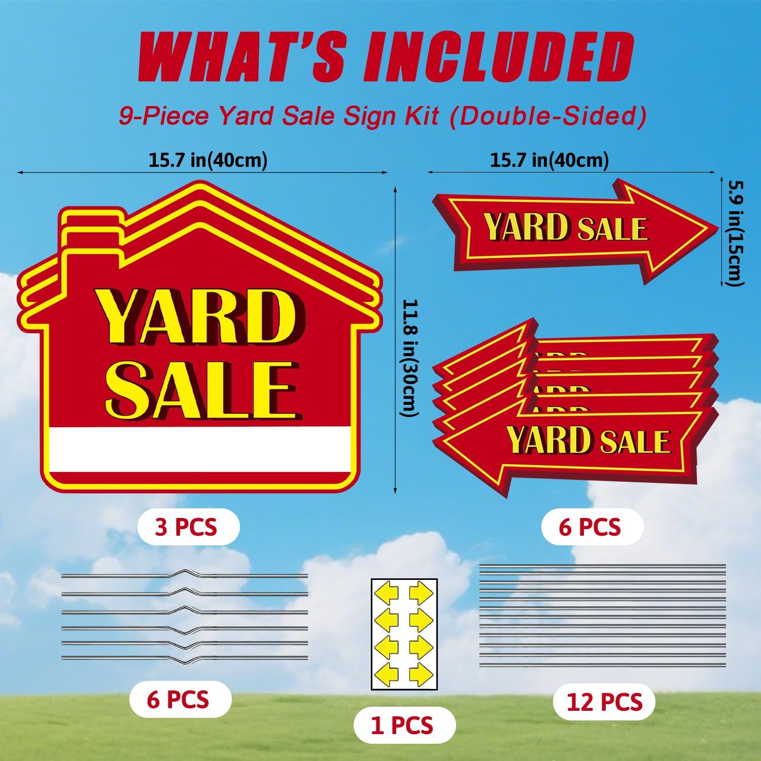 Yard Sale Signs with Stakes – 9-Piece Set, Double-Sided Garage Sale Signs (16 x 12 in) + Directional Arrow Signs (16 x 6 in), Metal Stakes, Write-On Area, Outdoor Weather-Resistant