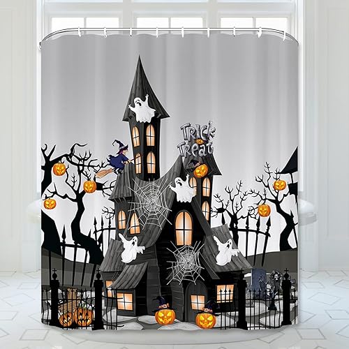 ARESD Cortina de ducha de Halloween para baño, cortina de baño de tela de araña, tela de poliéster, impermeable, decoración de Halloween, con 12