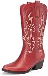 DREAM PAIRS Women's Cowboy Boots Mid Calf Cowgirl Boots Point Toe Chunky Heel Embroidery Stitched Western Boots