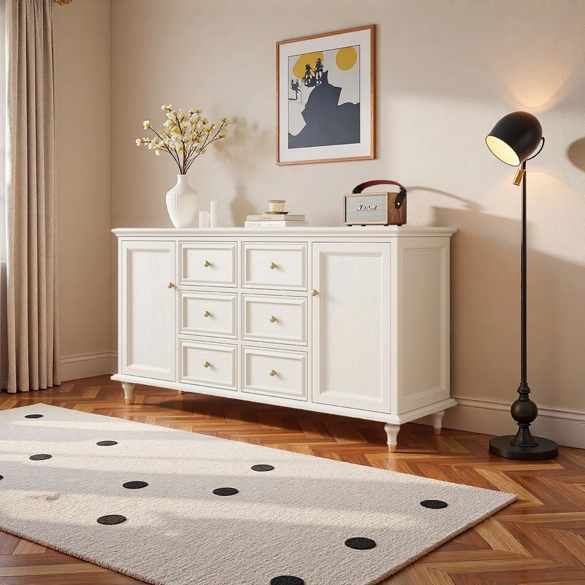 Solid Wood Sideboard Buffet Cabinet with Drawers & Shelves, Large Storage Cabinet for Dining Room, Living Room, Kitchen & Entryway (White)-image-15