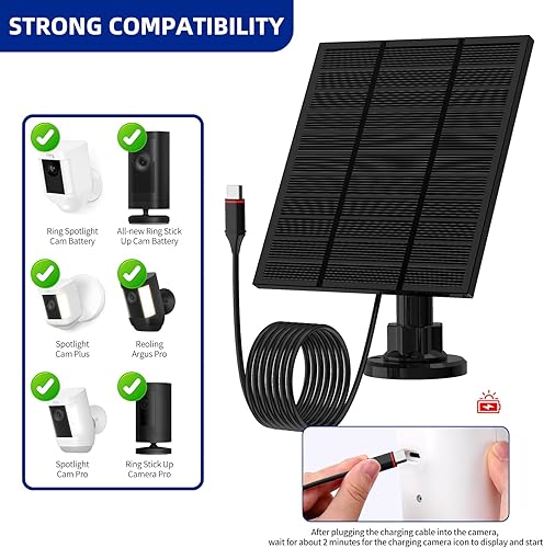 Miniatura 2 de Cargador de panel solar para cámara de 5 W, para panel solar Ring Outdoor Cam Plus, Stick Up Cam Pro, cámara para exteriores (cámara adhesiva),