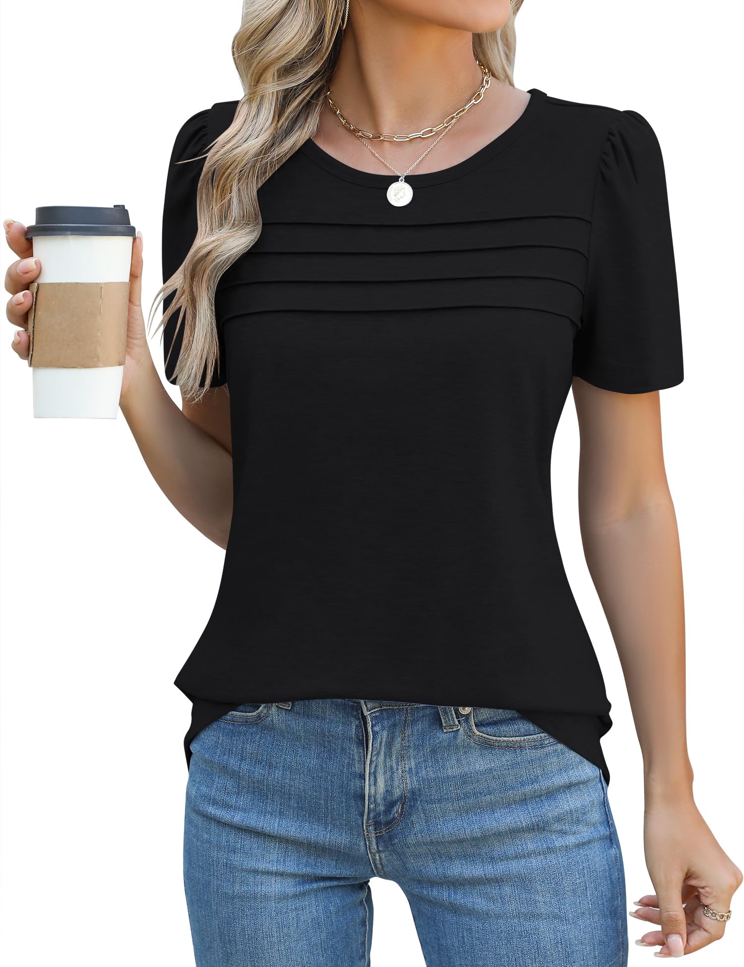 Rapbin Tshirt Damen Sommer Kurzarm Bluse Elegant Rundhals Mit Falten Oberteil Locker Puffärmel Blumen Lässig Tunika Tops 2026
