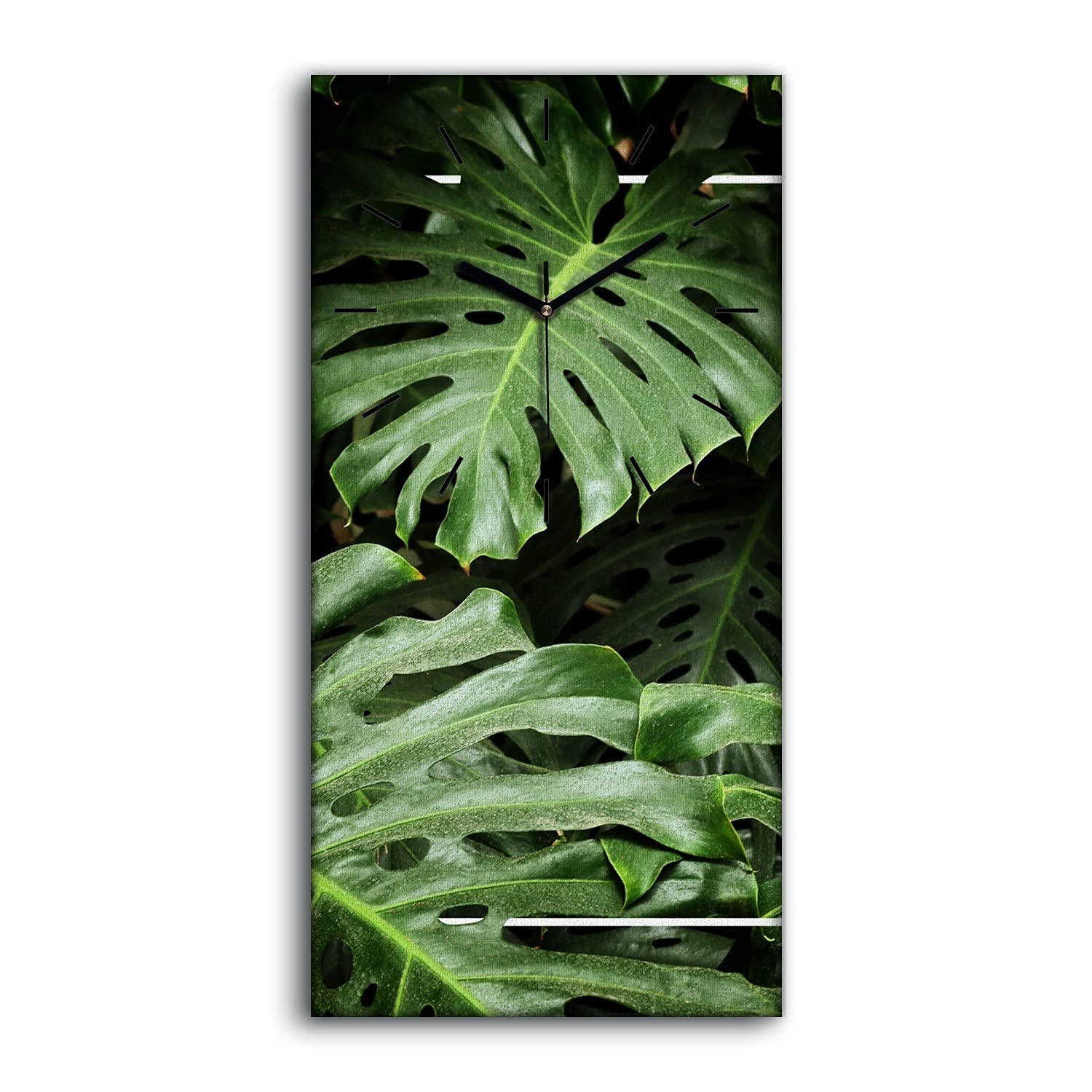 Horloge sur Toile Monstera 30x60cm avec Aiguilles Noires pour Décoration Murale
