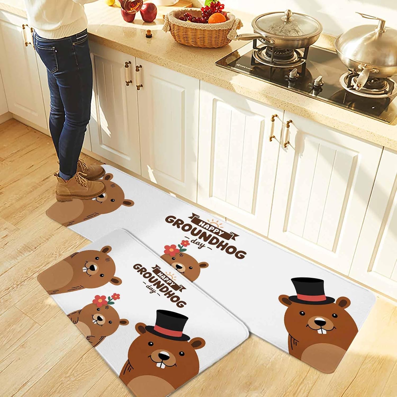 Groundhog Day Kitchen Rugs and Mats Set of 2, Non-Slip Kitchen Sink Mat, Cartoon Funny Modern Farmhouse Country Cute Washable Doormat Bathroom Rugs Runner for Bedroom 19.7"x31.5"+19.7"x47.2"